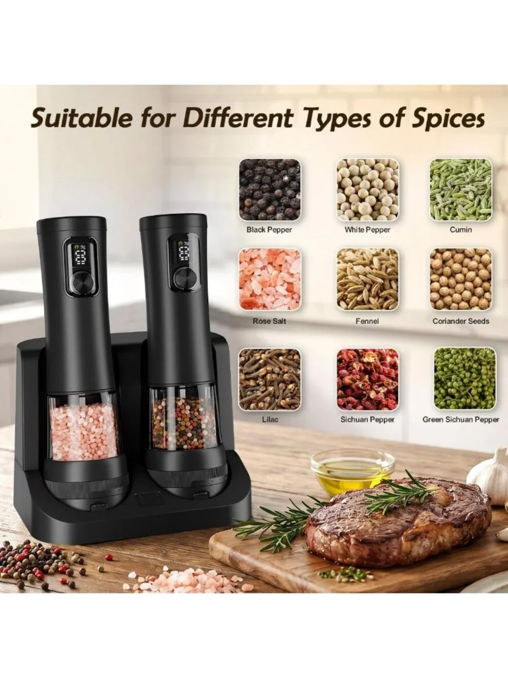 Automatic Electric Salt & Pepper Grinder Set - Refillable, 2-Speed, LED Light